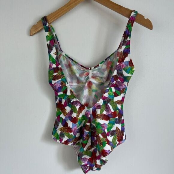 Laura Beach by Janine Robin Women's 6 White Multi Color Feather Print One Piece - Picture 9 of 12